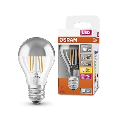 Image of OSRAM Led Superstar Classic A50 Dimmable Lamp for E27 Socket, Pear Shape, Fil Mirror Silver, 640 Lumens, Warm White (2700K), Replacement Conventional 50W Light Bulbs, 6 Pack