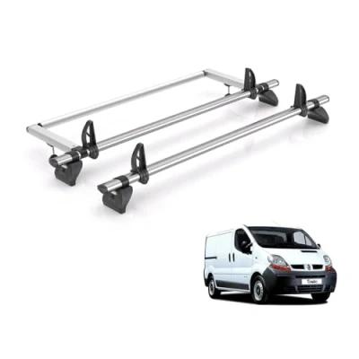 Image of Rhino Roof Rack for Renault Trafic 2001 2014 [Trafic Models] 2 Bars &amp; Rear Ladder Roller + Loadstops