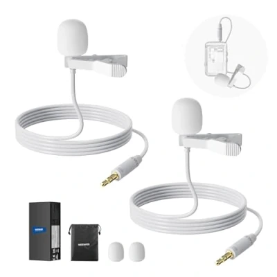 Image of NEEWER 2 Pack Lavalier Lapel Microphone Compatible with Rode Wireless GO II DJI Mic Transmitter, Omnidirectional Condenser Wired Clip On Lav for Stage YouTube Live Streaming, CM5, White