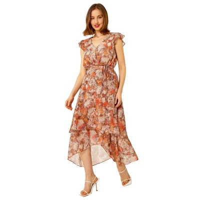 Image of Roman Originals Snake Print Tiered Midi Dress for Women UK Ladies Everyday Holiday Spring Summer V Neckline Comfy Soft Evening Vacation Work Party Stone Size 18