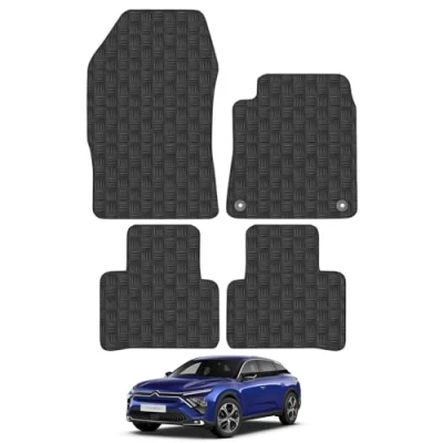 Image of Rubber Car Mats Compatible with Citroen C5X (2022 ) Tailored Fit Floor Set Accessory Black Custom 4 Pieces Clips Anti Slip Backing, Heavy Duty &amp; Waterproof