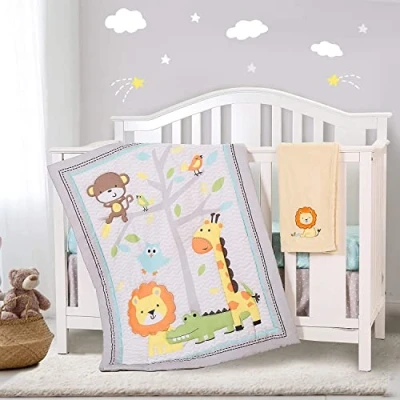 Image of YJM 4Pcs Cot Bedding Sets Boy , Zoo Baby Neutral Comter Fitted Sheet Skirt Blanket,Nursery Set Brown