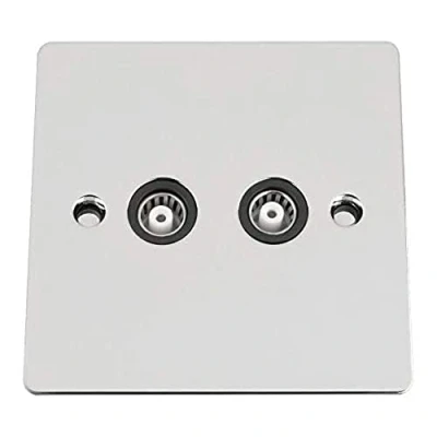 Image of TV Coaxial Aerial Socket Double 2 Gang Polished Chrome Flat Black Insert