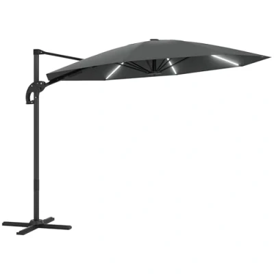 Image of Outsunny 3(m) Cantilever Garden Parasol with Solar Powered Lights, Crank Handle &amp; Cross Base, UPF 50+, 360 Rotation, Overhanging Patio Umbrella for Market, Dark Grey
