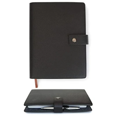 Image of CASE ELEGANCE Black Full Grain Premium Leather Refillable Journal Cover with A5 Lined Notebook Scratch Proof DURA