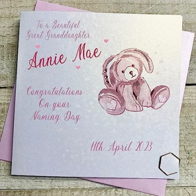 Image of WHITE COTTON CARDS GREAT GRANDDAUGHTER PERSONALISED NAMING DAY CARD, PINK BUNNY DESIGN, HAND FINISHED (X) P23 42 GGD