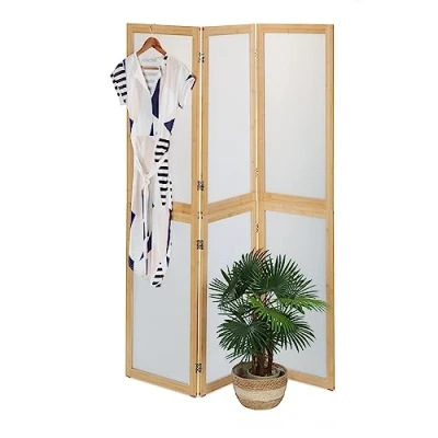 Image of Relaxdays Folding Screen, 3 Panels, Room Divider, HxW: 180 x 136.5 cm, Partition Wall, Plastic &amp; Bamboo, Natural/White