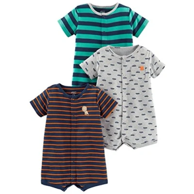 Image of Simple Joys by Carter&#039;s Baby Boys&#039; 3 Pack Snap up Rompers, Grey Cars/Navy Lion/Turquoise Green Horizontal Stripes, 0 Months (Pack of 3)