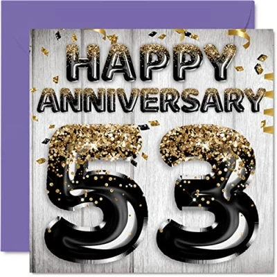 Image of Awesome 53rd Anniversary Card for Husband Boyfriend Wife Girlfriend Black Gold Glitter Balloons Happy 53 Cards from Family, 145mm x Greeting Fifty Third Anniversaries