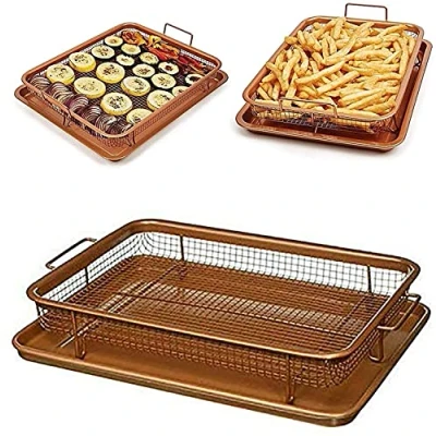 Image of Luebel® 2 Pcs Copper Crisper Non Stick Oven Mesh Baking Tray with Elevated Crisping Grill Basket Chips Crisp Tool