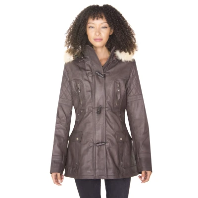 Image of Women&#039;s Brown Quilted Leather Parka Jacket with Detachable Hood 2XL
