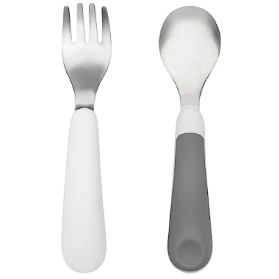 Image of Oxo Tot Fork &amp; Spoon Cutlery Set Grey 12m+ Easy Grip Toddler Utensils for Self Feeding