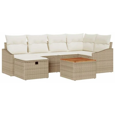 Image of vidaXL 7 Piece Garden Sofa Set with Cushions Beige Poly Rattan