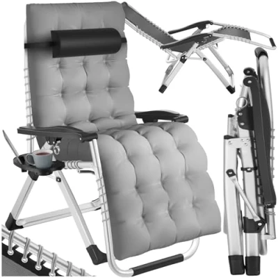 Image of TecTake® Folding Sun Lounger Adjustable Backrest &amp; Footrest, Soft Cushion Pad, Breathable Fabric, Sturdy Steel Frame Attachable Side Table Zero Gravity Chair for Garden Patio Light Grey
