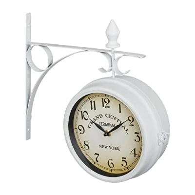 Image of Relaxdays Double Sided Wall Clock, Train Station Design, Retro, Battery, Analogue, Vintage Deco, HWD: 34x35x10 cm, White, Iron