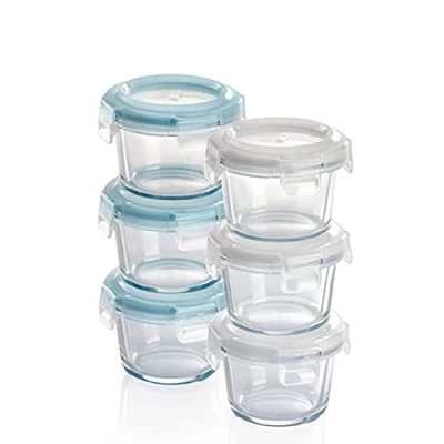 Image of Grizzly Glass Baby Food Storage Container Set Mini Ovenproof Dishes with Lids 6 x 130 ml (4.4 Oz) Round Air and Liquid Tight