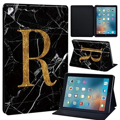 Image of Initial Letter Leather slim lightweight Stand Cover Case for Apple New iPad 9.7 2018 2017(6th Gen, 5th Gen)/iPad Air 2/iPad Air/iPad Pro Tablet with Auto Wake/Sleep (blackmarbleR)