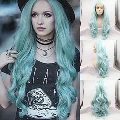 Image of Light Blue Loose Wave Synthetic Lace Front Wigs Long for Women Heat Resistant Cosplay Wig Party 26Inch (Light Blue)