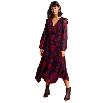 Image of Roman Originals Women Floral Print Chiffon Midi Dress Ladies Spring Everyday Summer Evening Vacation Work Holiday Long Sleeve Smart Casual Purple Size 12