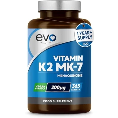 Image of EVO NUTRITION Vitamin K2 MK 7 200mcg 365 Vegetarian and Vegan Tablets (not Capsules) 1 A Day Supports Maintenance of Normal Bones One Years Supply High Strength Menaquinone MK7