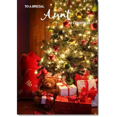 Image of doodlecards Aunt Christmas Card Teddy by Tree Medium Size with Plain Envelope