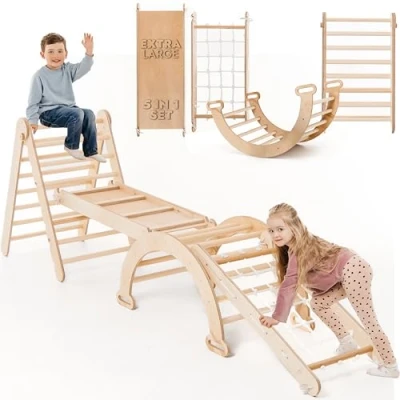 Image of 4 in 1 Indoor Climbing Frame for Toddlers Wooden Triangle, Arch &amp; Ramp Net, Montessori Frame, Kids Gym, Foldable Toys 5 Age