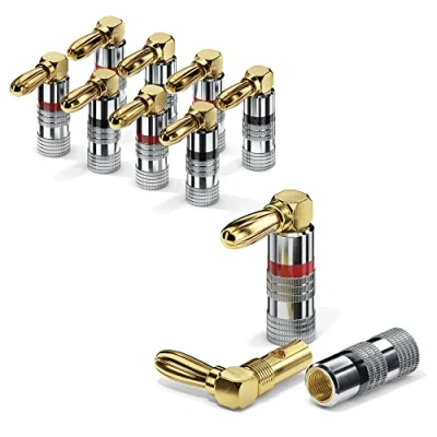 Image of conecto Banana Plugs for Speaker Cable Set of 8 90 Degree Angled Gold Plated with Color Coded (4x Red, 4x Black) 24K Plated, Red/Black