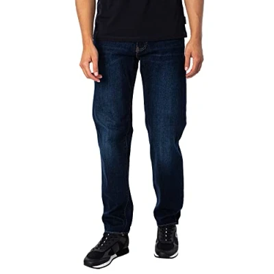Image of Armani Exchange Men&#039;s 5 Pocket Straight Denim Jeans, Dark wash, Tobacco Stitching, Stretch Cotton, W30
