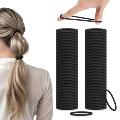 Image of H&amp;S 100 Elastic Hair Bands 4mm Ties Bobbles Elastics Hairbands Ponytail Holders No Metal for Women Girls Kids Men Thick Black
