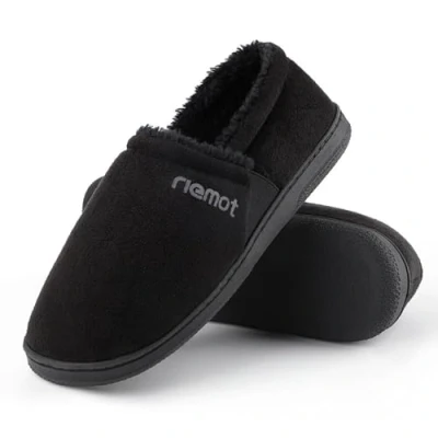 Image of riemot Men&#039;s Suede Moccasin Slippers, Cozy Memory Foam House Shoes with Anti Skid Rubber Sole, Warm Faux Sherpa Dual Side Elastic Gores Black 43EU