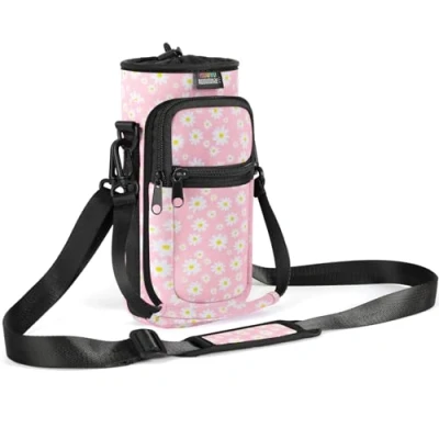 Image of Nuovoware Water Bottle Carrier Bag, 750ml Pouch Holder, Adjustable Shoulder Hand Strap 2 Pocket Sling Neoprene Sleeve Sports Accessories for Hiking Travelling, PinkDaisy