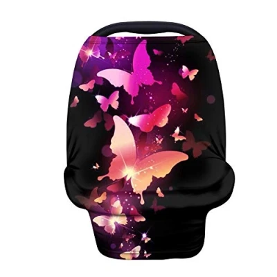 Image of Binienty Soft Durable Car Seat Cover for Babies, Shiny Purple Butterflies Print, Stretchy Infants Carseat Canopies, Protect Baby from Wind and Sun