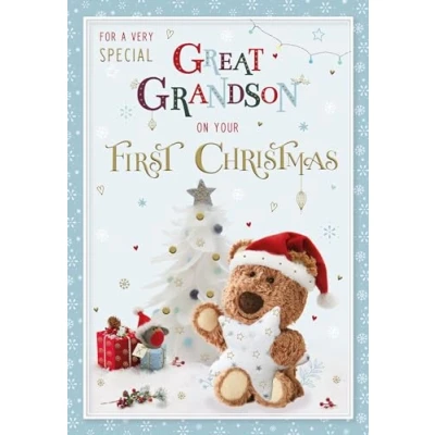 Image of ICG Very Special Great Grandson First Christmas Card Barley Bear with Star and Tree Embossed Foil Details