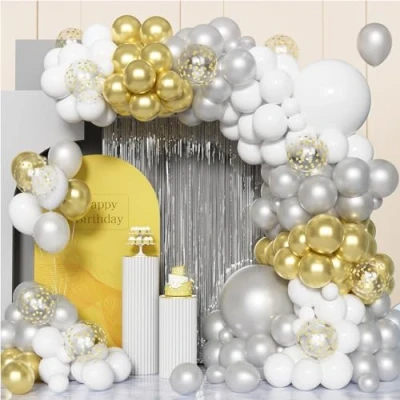 Image of White Silver Balloon Arch Kit,100 Pcs Gold Garland Kit with Confetti Balloons for Birthday Baby Shower Wedding Engagement Anniversary Party Decorations