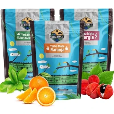 Image of Rio Parana Yerba Mate Set 3 x 500g Packs of Elaborada, Energia, Naranja Sachets 1.5kg Natural Energy Drink Flavoured Tea with Caffeine Traditional Smoked and Aged Rich