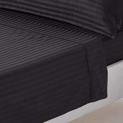 Image of HOMESCAPES Black Pure Egyptian Cotton Flat Sheet King 330 TC 500 Thread Count Equivalent Satin Stripe Bed