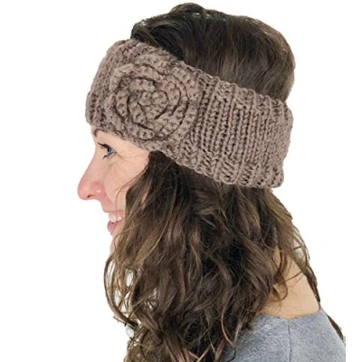 Image of Brown woollen machine knitted headband with flower. Warm winter