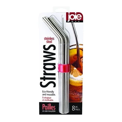 Image of Joie Reusable Stainless Steel Straws with Cleaning Brush and Holder, Set of 6, Silver