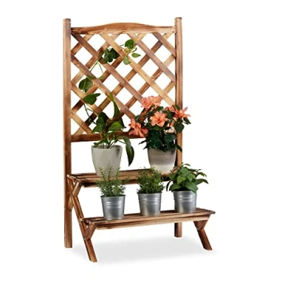Image of Relaxdays Flower Rack with Trellis, 2 Tier Plant Stand, Wooden Shelf, HWD: 109x61x40cm, Flamed