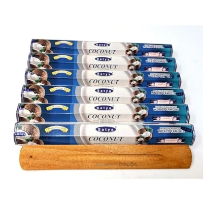 Image of Satya Incense Sticks Hexa Box 120 Includes JRose Wooden Stick Holder (Coconut)