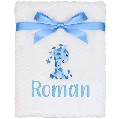 Image of TeddyT&#039;s Personalised Baby Giraffe Embroidered White Waffle Blanket (Blue Embroidery)