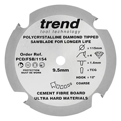 Image of Trend PCD Fibre Cement Circular Saw Blade, 115mm Diameter, 9.5mm Bore, 4 Teeth, 1.6mm Kerf, +12 Hook, PCD/FSB/1154