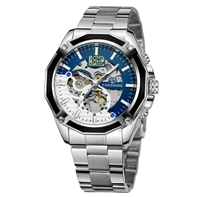 Image of FORSINING Mens Watch Men Luxury Famous Top Brand Automatic Wrist Waterproof Skeleton Mechanical Wristwatches, White and Blue,