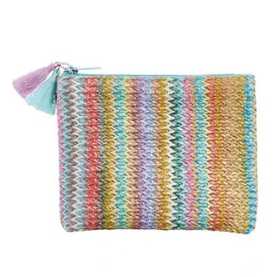 Image of Miquelrius Flat Pocket Purse, Size 130 x 100 mm, Handle with Tassels, Zipper Closure, Raffia and PU Leather Material, Feeling Mallorca Collection, Zigzag Print, Multicoloured,