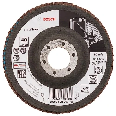 Image of Bosch 2608608263 Angulated Flap Disc for Stainless Steel, 0 V, Black, 115 mm