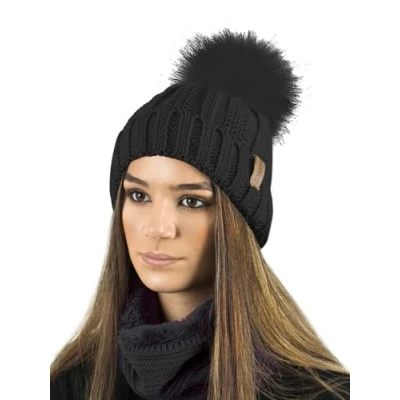 Image of TOSKATOK Ladies Womens Winter Rib Seed Stitch Beanie Bobble HAT with Warm Cosy Fleece Liner &amp; Large Faux Fur Pom Black