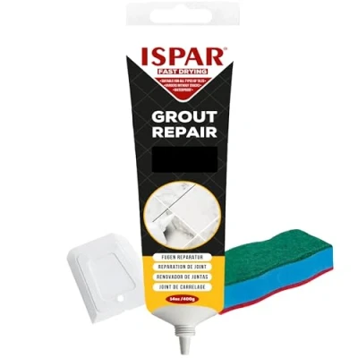 Image of Ispar Tile Grout, 400 g Black Grout Reviver, Fast Drying Premixed Repair Kit with Spatula &amp; Sponge, Ideal for Bathroom, Kitchen Floor Tiles Renewal