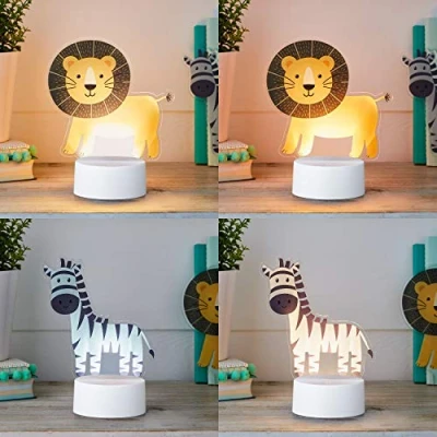 Image of Lights4fun 2 in 1 Lion &amp; Zebra Safari Kids Table Night Light Warm White LED Battery Timer Indoor Use