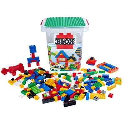 Image of Simba 104114519 Blox 500 Building Blocks in Bucket, for Children from 3 Years, Various Bricks, 16 Windows, 4 Doors, with Base Plate, Fully Compatible, Assorted Colours