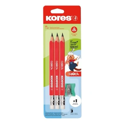 Image of Kores Coach: Jumbo Pencils for Kids, Soft HB Lead and Eraser Tip, Triangular Ergonomic Shape, School Supplies Developing Writing Skills, Pack of 3